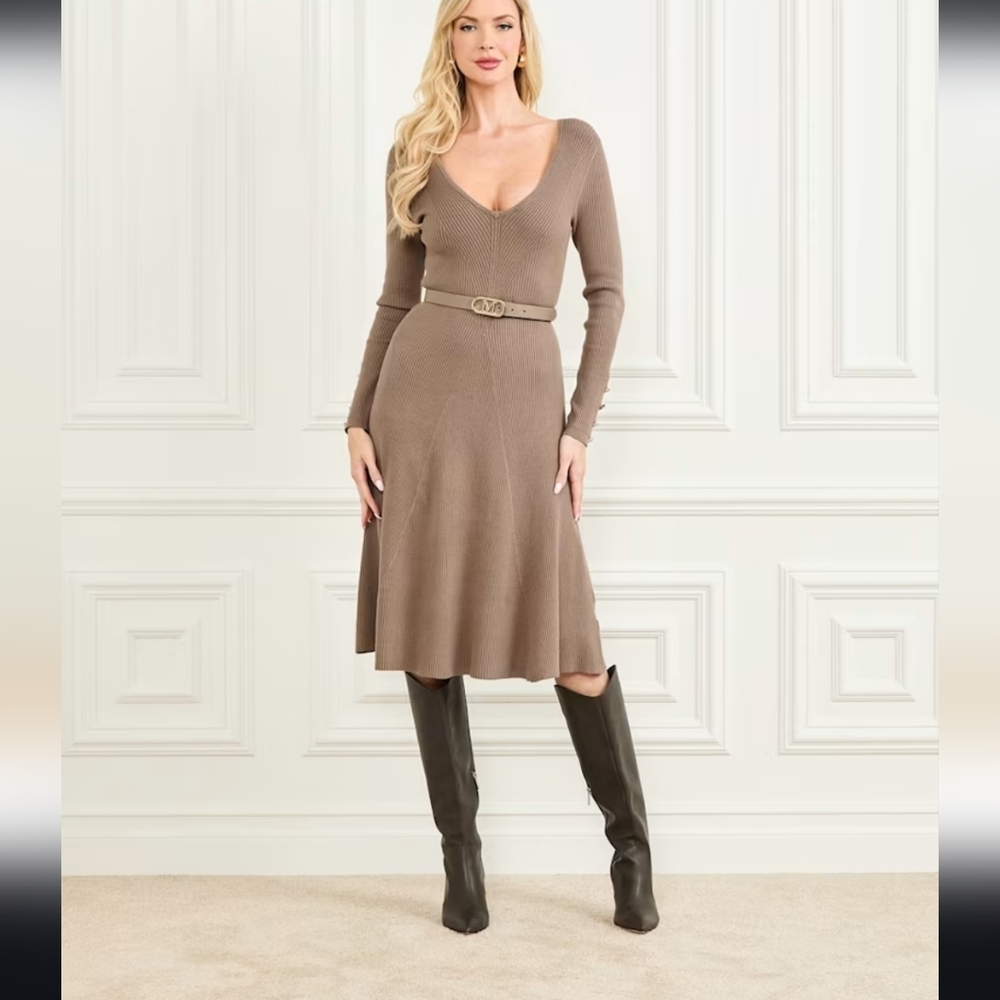 Guess Brown Long Sleeve Dress
